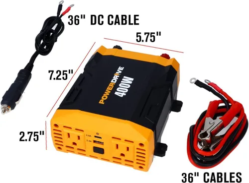 Miniatura 3 de PowerDrive PWD400 - Inversor de corriente de 400 vatios de 12 V CC a 110 V CA con 2 salidas y 2 puertos