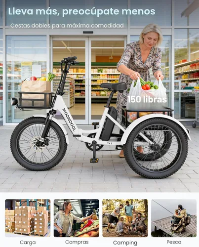 Miniatura 9 de MOONCOOL Triciclo eléctrico para adultos, 500 W/750 W 48 V, triciclo eléctrico plegable de potencia máxima 1100 W, neumático grueso de 20 x 3.0