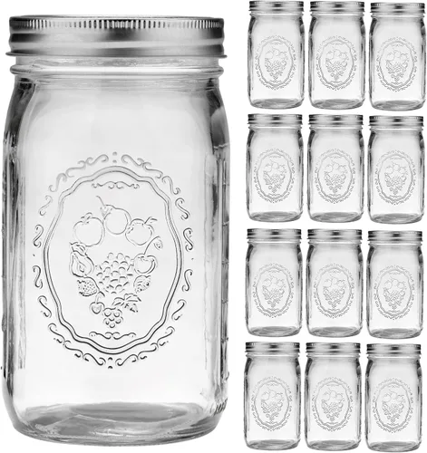 Frascos Mason de 32 oz de Boca Ancha - Paquete de 12 Frascos de Vidrio Mason de Cuarto de Galón con Tapas Herméticas y Bandas para Enlatado,