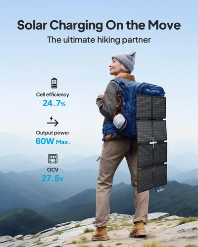 Miniatura 2 de BLUETTI Panel solar de 60 W, 60 vatios para generador solar manos libres, 1 manos libres, 2 AC2A, cargador solar plegable para senderismo, camping