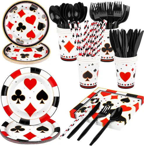 durony Juego de vajilla de 147 piezas con temática de casino, incluye platos, servilletas, vasos, Staws y cubiertos para decoración de fiesta