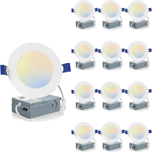 Meconard Paquete de 12 unidades de luz LED empotrada de 4 pulgadas para techo con caja de conexión, 2700K/3000K/3500K/4000K/5000K seleccionables,