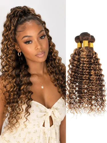 Miniatura 15 de P4/27 Cabello Humano Solitario de Onda Profunda con Reflejos Rubios Miel, 12A 100% Tejido Brasileño Virgen Ondulado Grueso con Mechas Ombre Marrón
