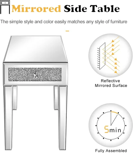 Miniatura 3 de VINGLI Mesa auxiliar estrecha con espejo, pequeña mesa auxiliar para sofá/sofá/cama con almacenamiento, mesita de noche de cristal delgada