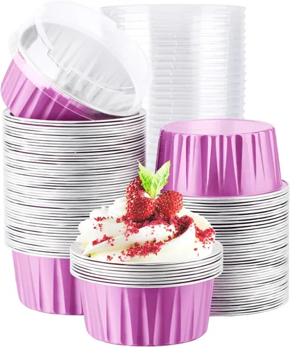 Miniatura 20 de EUSOAR Moldes de Papel de Aluminio para Hornear, 5oz 50 piezas Moldes Reutilizables para Cupcakes con Tapas, 3.34x2.59x2.35 pulgadas 125ml Moldes