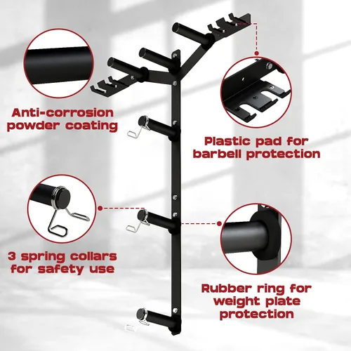 Miniatura 3 de Yes4All 6 clavijas y 4 estantes de almacenamiento de pesas que cargan hasta 1190 libras – soporte para árbol de pesas y barra montado en la pared