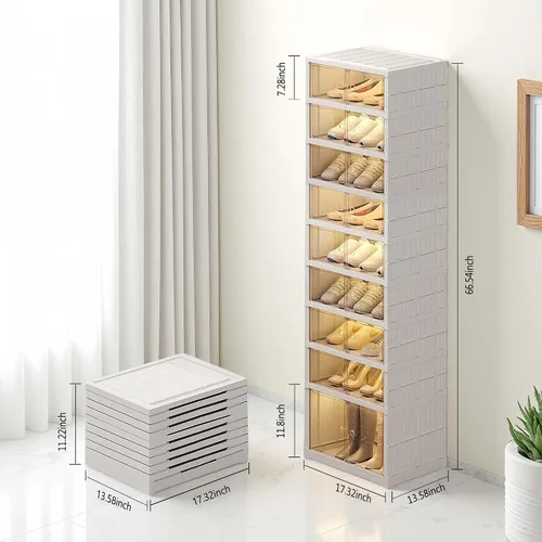 Miniatura 2 de Organizador plegable para zapatos para armario, 9 niveles, 18 pares, apilable, estante de zapatos plegable con puertas, organizador de zapatos