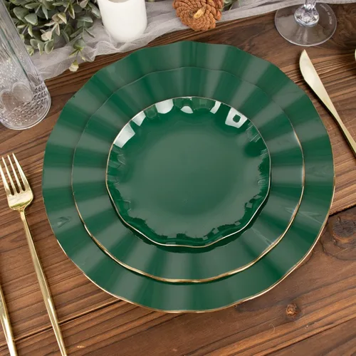 Miniatura 202 de Tableclothsfactory Paquete de 10 platos redondos de plástico negro de 6 pulgadas para ensalada de postre, platos desechables con borde ondulado