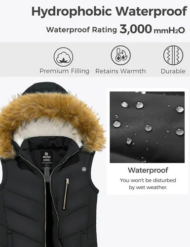 Miniatura 5 de Wantdo Chaleco grueso de invierno para mujer, acolchado, cálido, con capucha de piel extraíble