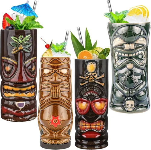 SuproBarware Juego de 4 tazas Tiki de cerámica grandes Tiki tazas hawaianas Luau para fiestas, tazas Tiki Bar para cócteles