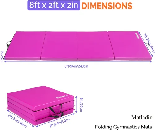 Miniatura 5 de Matladin - Alfombrilla plegable de 8 pies para gimnasia, gimnasio, ejercicio, aeróbicos, de 8 pies x 2 pies x 2 pulgadas de cuero sintético, 'Púrpura