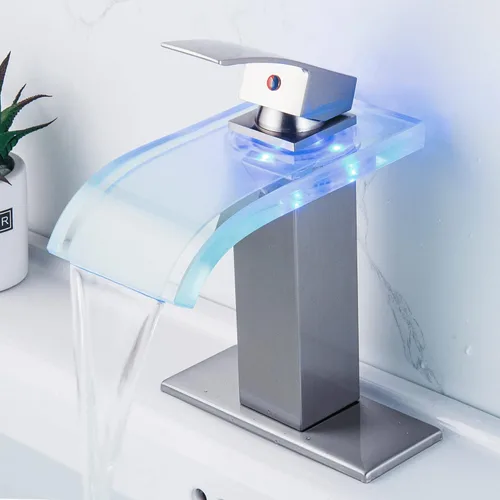 Grifo de baño LED Y-Garhe, grifo de cascada para lavabo de baño de níquel cepillado, 1 agujero, centro de 4 pulgadas, luces LED que cambian de color
