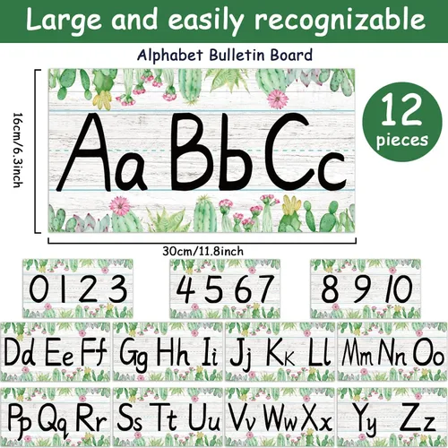 Miniatura 2 de gisgfim Juego de 12 piezas de tiras de tablón de anuncios del alfabeto, diseño de cactus, línea del alfabeto ABC, pancarta y borde de números