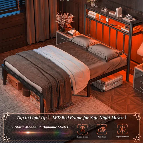 Miniatura 5 de Homkdom Base de cama de metal de tamaño individual con luces LED inteligentes y cabecera de almacenamiento de 2 niveles, base de colchón resistente