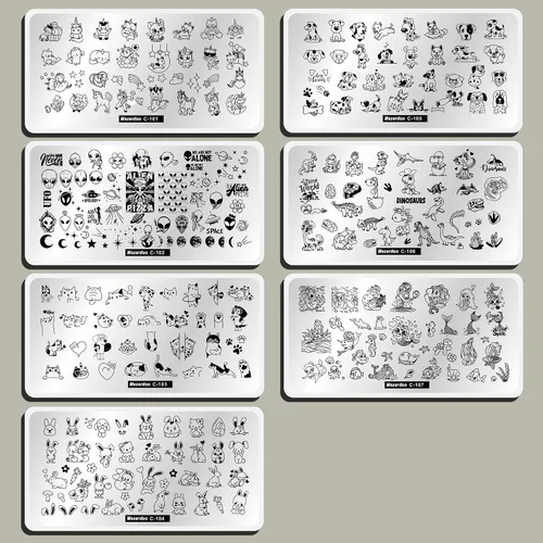 Miniatura 6 de Juego de placas de estampado de uñas de unicornio para gatos, cachorros, 7 piezas, diseño de estrella y corazón, lindo diseño de animales, placa