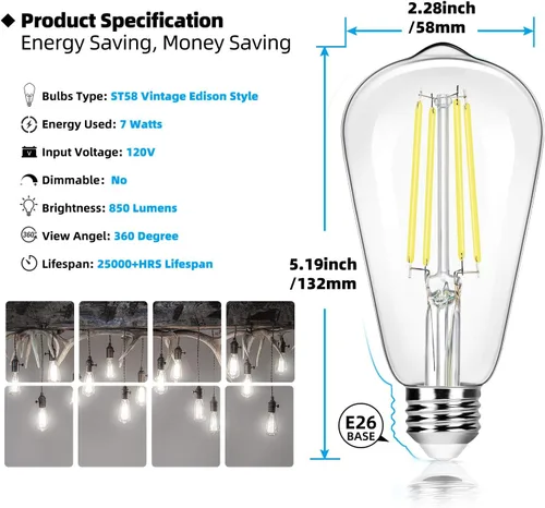 Miniatura 2 de Paquete de 12 bombillas LED Edison ST58 vintage de 7 W equivalentes a 60 W, 850 lúmenes, luz blanca diurna de 5000 K, bombillas de filamento LED