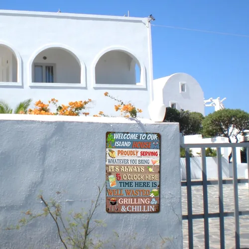 Miniatura 5 de Super durable Letrero de metal con texto en inglés "Welcome to Our Island House", letrero de hojalata vintage para piscina, letrero de patio, playa