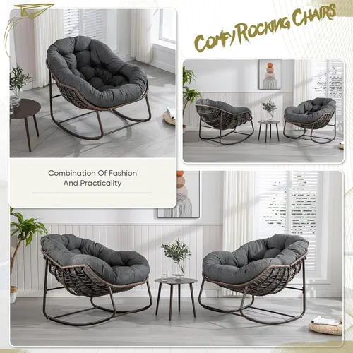 Miniatura 6 de Antetek Silla mecedora para patio al aire libre, cómoda silla de mimbre con cojín acolchado, mecedora de gran tamaño para interiores y exteriores