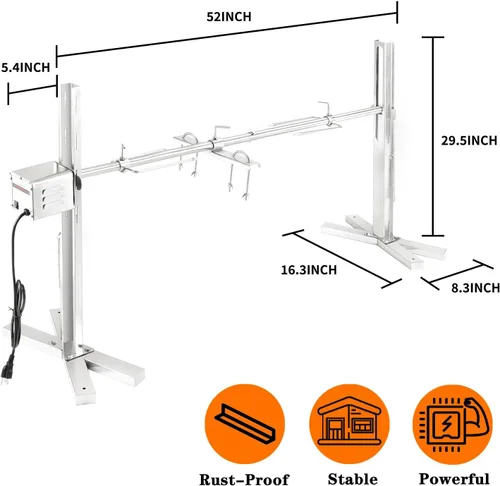 Miniatura 3 de Kit de Asador con Espetón QPMR, Soporte de Espetón de Acero Inoxidable Eléctrico para Exteriores de 52", Asador con Espetón para Cerdo de 90LBS, Kit