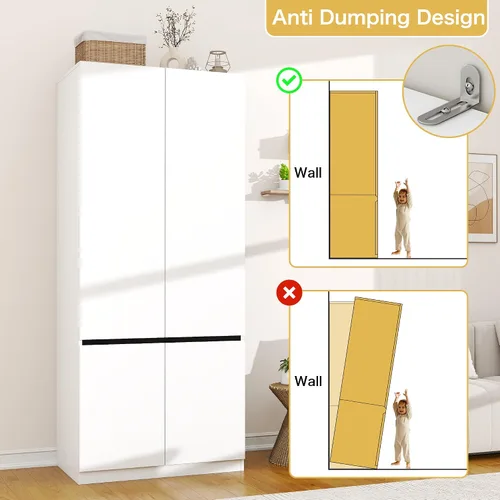 Miniatura 7 de Armario blanco Armario: Armario de madera de 74 pulgadas con 2 puertas, Armarios de dormitorio con barra para colgar, armario alto para colgar ropa