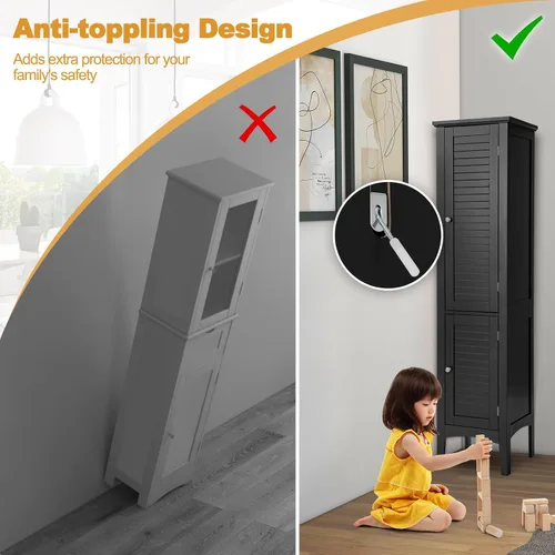Miniatura 7 de COSTWAY Armario Alto de Almacenamiento para Baño, Gabinete de Torre de Lino Independiente de 5 Niveles con 2 Puertas, Organizador de Almacenamiento