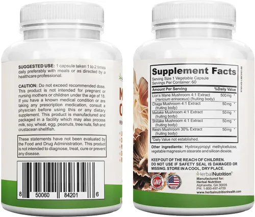 Miniatura 6 de Herbal Nutrition Complejo de hongos de 700 mg a 1400 mg. Los 5 hongos más potentes - Melena de león, Reishi, Chaga, Maitake, Shiitake - Apoya
