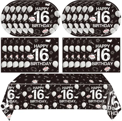 Miniatura 10 de Juego de 41 decoraciones para fiesta de cumpleaños número 13, color negro y rojo, incluye platos y servilletas, mantel para niños y niñas, dulce