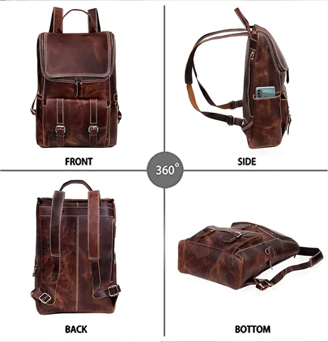 Miniatura 4 de cuero C - Mochila de cuero de grano completo para hombre, bolsa para laptop de 17 pulgadas, mochila de viaje vintage, mochila casual para mujer