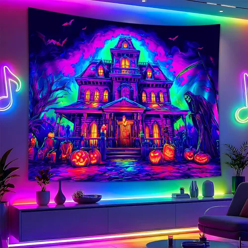 Miniatura 40 de BVBOX Tapiz de Halloween con luz negra, reactivo a los rayos UV que brilla en la oscuridad, póster de tapiz trippy con luz negra para sala de estar