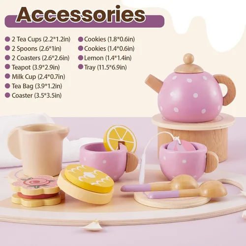 Miniatura 5 de BUYGER Juego de fiesta de té de madera para niñas pequeñas, juego de simulación de cocina para niños pequeños, accesorios de cocina de princesa