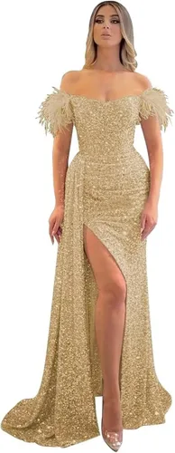 Miniatura 15 de Vestidos de fiesta de lentejuelas con hombros descubiertos, vestido formal de sirena brillante, vestido largo de fiesta de noche con abertura