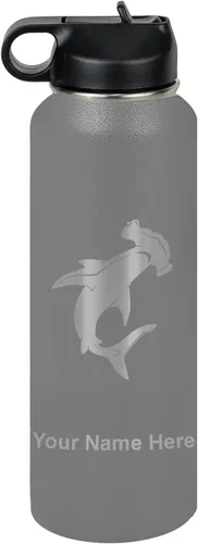 Miniatura 35 de LaserGram Botella de agua personalizada, tiburón martillo, acero inoxidable de doble pared aislada al vacío con popote superior, regalo grabado