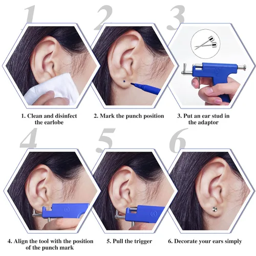 Miniatura 6 de Kit de pistola de perforación de oreja reutilizable, pistola profesional de perforación de oreja con aretes de acero inoxidable, aretes de cristal