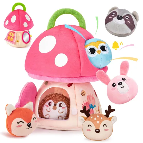 hahaland Juguetes para bebés de 6 a 12 meses – Juguetes Montessori para niña de 6 meses, mi primera casa de hongos con animales rellenos de la