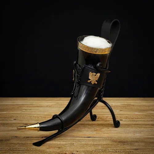 Miniatura 2 de Mythrojan Cuerno vikingo para beber 100% natural, auténtico, decoración de latón, cuerno nórdico con funda de cuero negro, bolsa de lona para vino