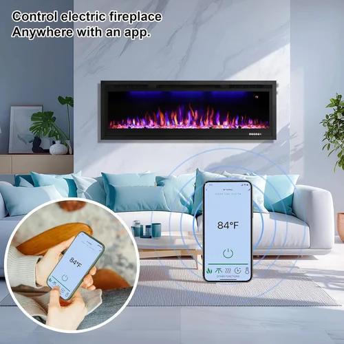 Miniatura 3 de Chimenea eléctrica habilitada para WiFi de 60 pulgadas, control inteligente de aplicación, calentador de chimenea lineal empotrado y montado