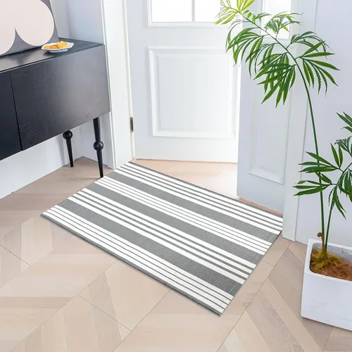Miniatura 4 de USTIDE Tapete a rayas para puerta delantera 23.6'' x 35'' gris de algodón, alfombra para puerta delantera lavable, tapetes para puerta exterior