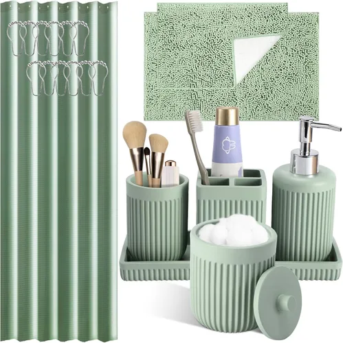 Miniatura 21 de XLHOMO Juego de accesorios de baño de resina beige de 5 piezas, dispensador de jabón y loción, soporte para cepillo de dientes, vaso de baño, porta