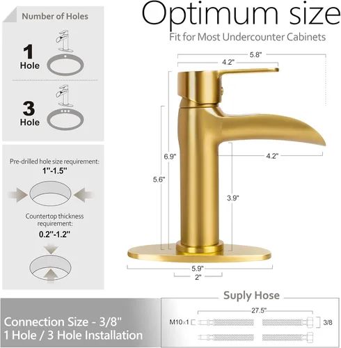 Miniatura 5 de SOKA Grifo dorado para lavabo de baño con cascada, grifo de lavabo de un solo orificio con drenaje emergente, grifo moderno para fregadero de tocador