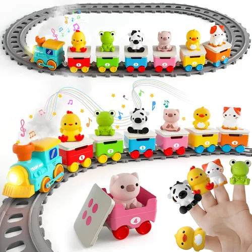 Miniatura 9 de Juguetes de tren de animales de granja para niños de 2 a 4 años, juego de tren eléctrico para niños con música, vapor y luces, juguetes