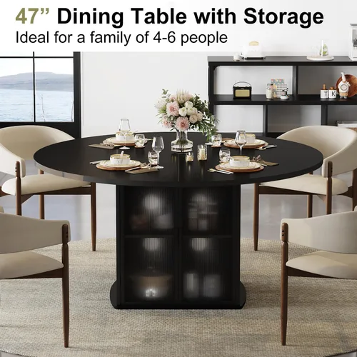 Miniatura 9 de IBF Mesa de comedor redonda negra para 4-6, mesa de cocina de 47 pulgadas con espacio para refrigerador, mesas de comedor modernas