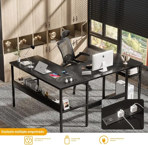 Miniatura 4 de Unikito Escritorio reversible en forma de L con tomas de corriente mágicas y puertos de carga USB, escritorio de esquina resistente para computadora