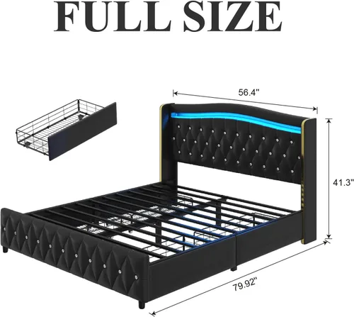 Miniatura 2 de E-Motie Base de cama tamaño completo con cabecera tipo wingback, plataforma tapizada con luces LED RGB, estación de carga, 4 cajones