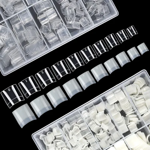 Miniatura 11 de FEBSNOW 600 piezas de puntas de uñas postizas largas estilo ataúd, uñas de gel transparentes de cobertura completa, estilo bailarina, autoadhesivas