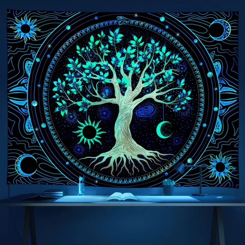 Tapiz para dormitorio, estético, árbol de la vida, con luz negra, reactivo a los rayos UV, tapiz psicodélico, colorido tapiz de pared, sol, luna,