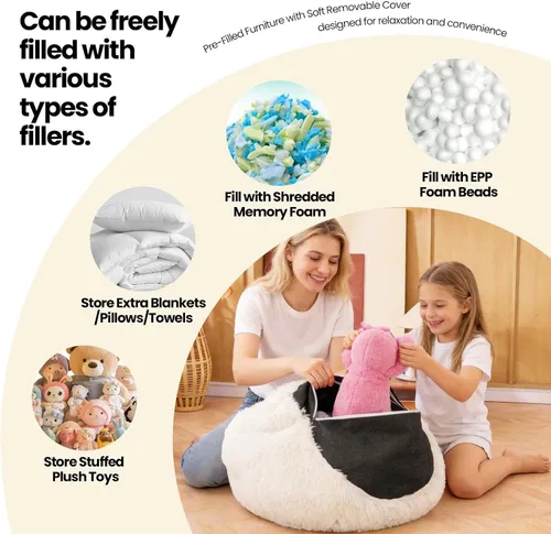 Miniatura 3 de Fundas para puf de pelo sintético mullido color beige, funda para silla puff de felpa suave color beige para niños y niñas, almacenamiento de puf