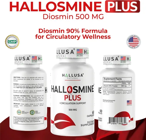 Miniatura 8 de Hallosmine Plus Diosmin 500 mg + crema gratis para venas, soporte para la circulación y venas – Piernas pesadas y venas varicosas – Castaño