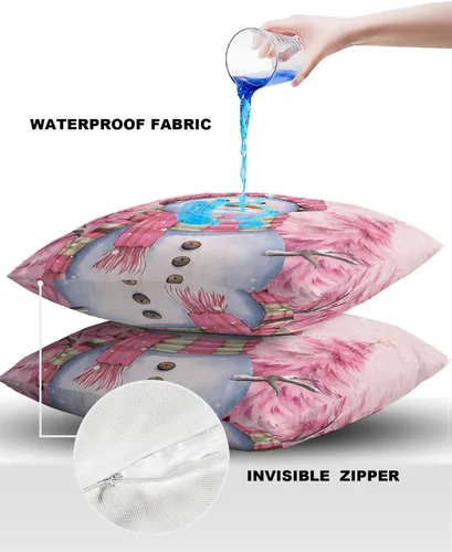 Miniatura 4 de Funda de almohada de invierno para exteriores, diseño de muñeco de nieve, pino, rosa, impermeable, paquete de 2 fundas de almohada con copos