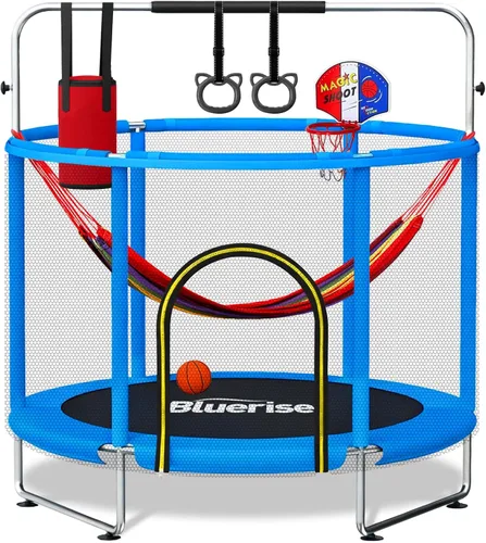 Miniatura 11 de Bluerise - Cama elástica de 55 pulgadas/6 pies, para niños, juego interior y exterior, con canasta de baloncesto para cama elástica, malla de Rosa