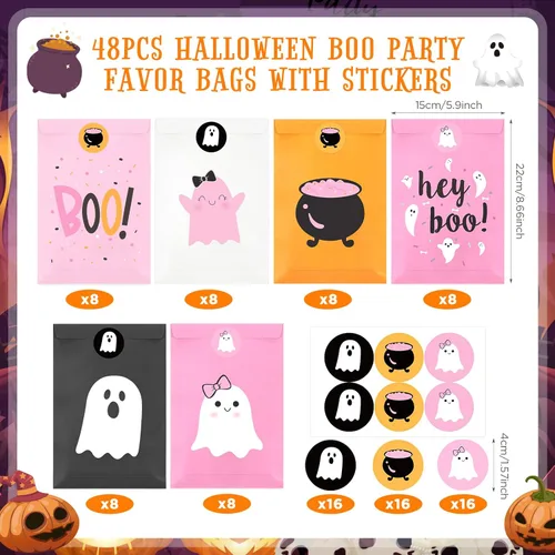 Miniatura 2 de FHzytg 48 bolsas de recuerdo de fiesta de Halloween, bolsas de regalo de dulces fantasmas de Halloween rosas para niñas, decoraciones de cumpleaños